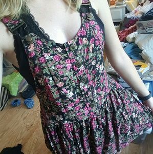 Blue spice overall dress pink and black floral